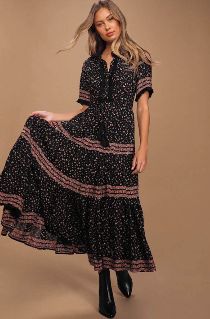 Free People Rare Feelings Floral Print Tiered Pleated Maxi Dress Black Sz Small